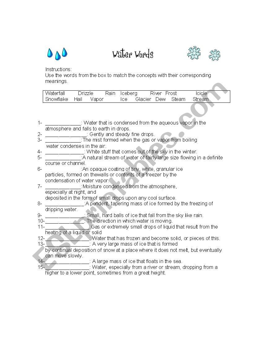 Water words worksheet