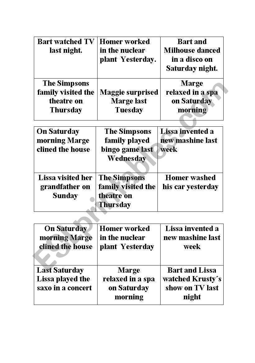 P=ast simple bingo game worksheet