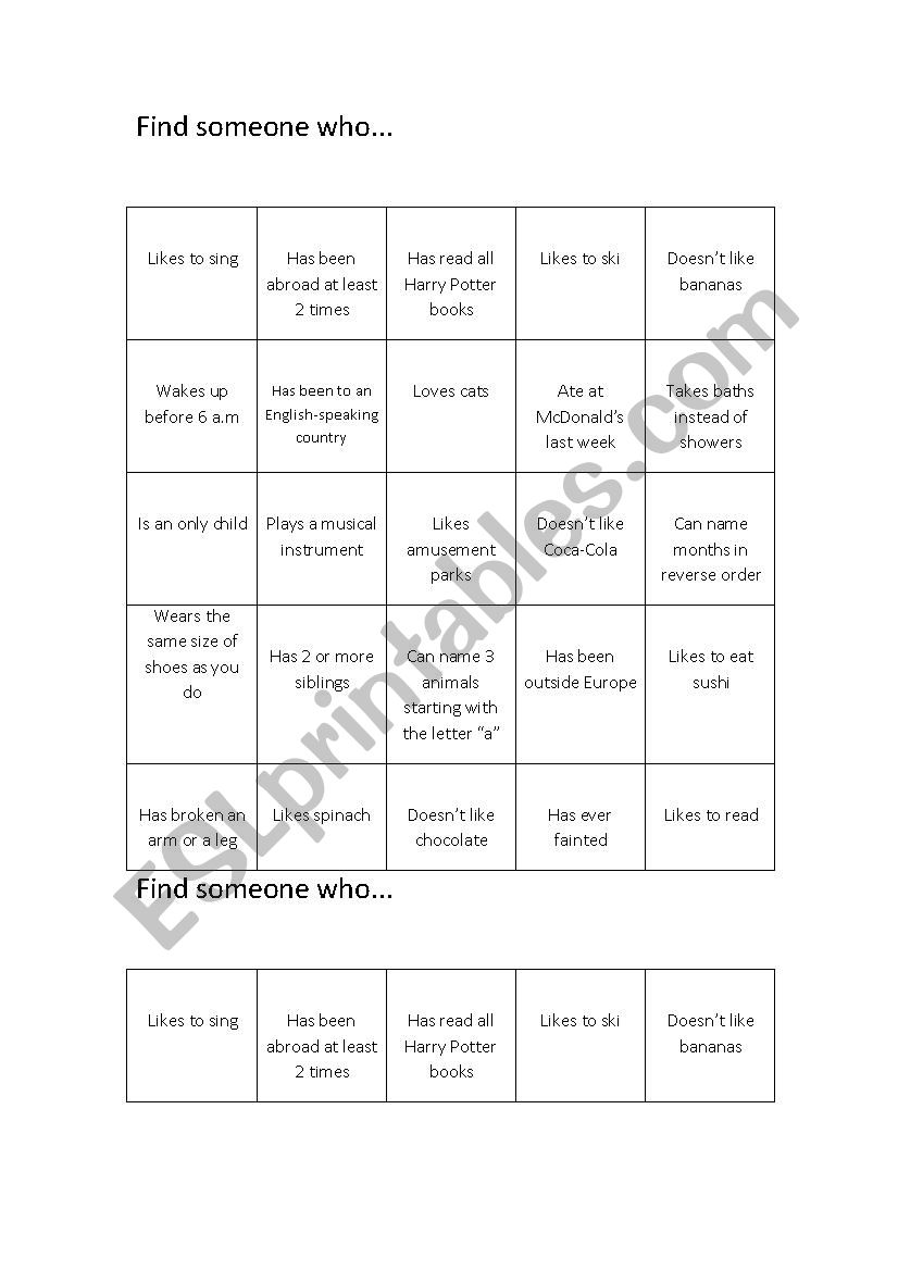 Find someone who worksheet