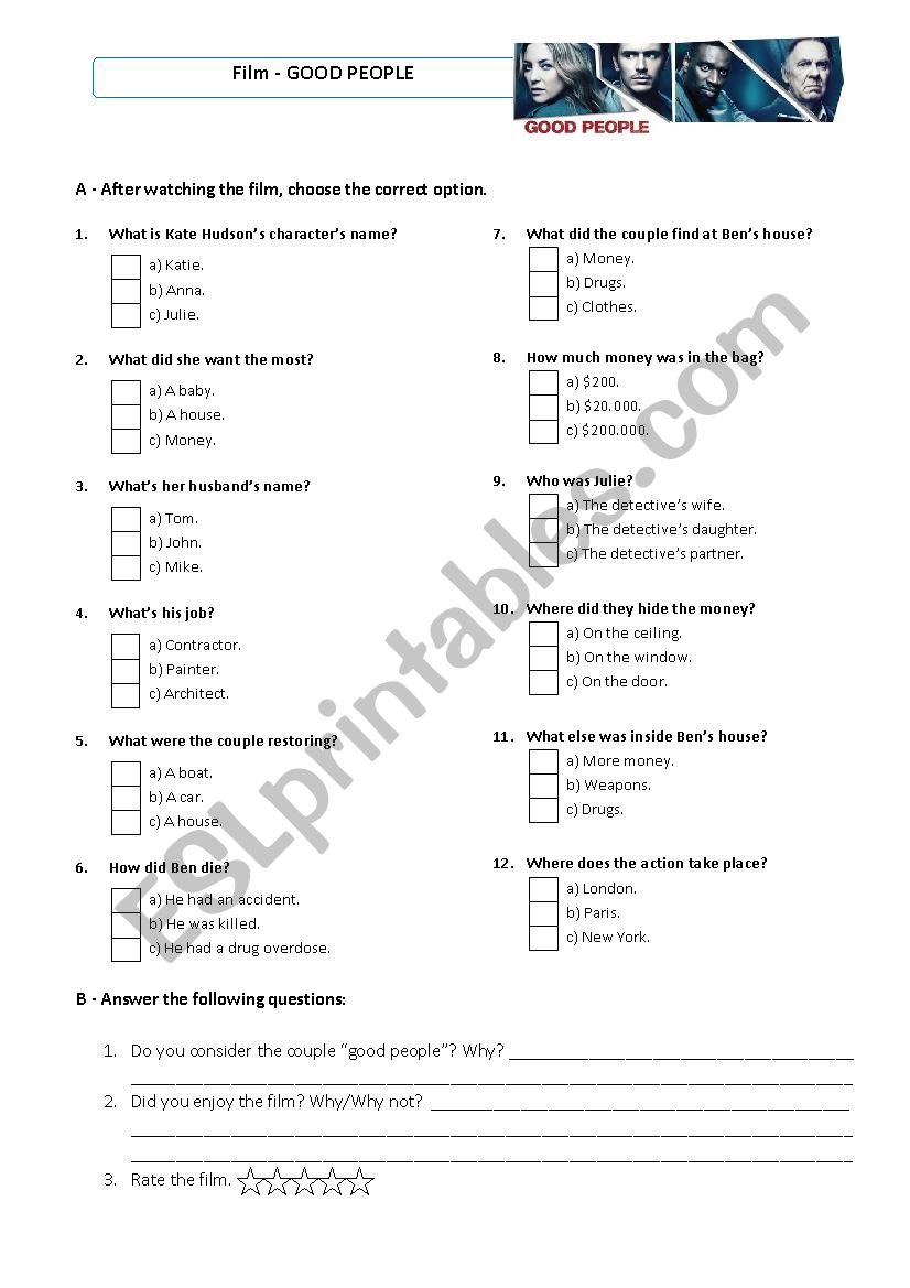 Quiz - Film Good People worksheet