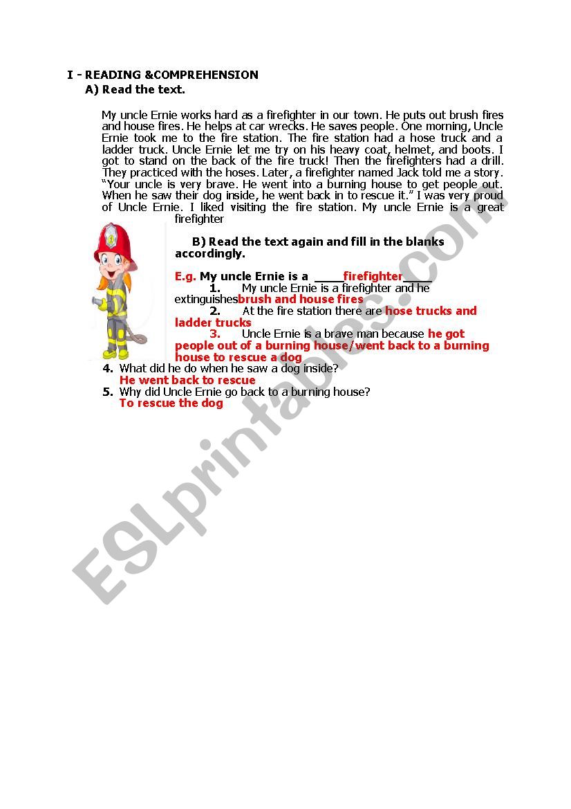 firefighter reading worksheet