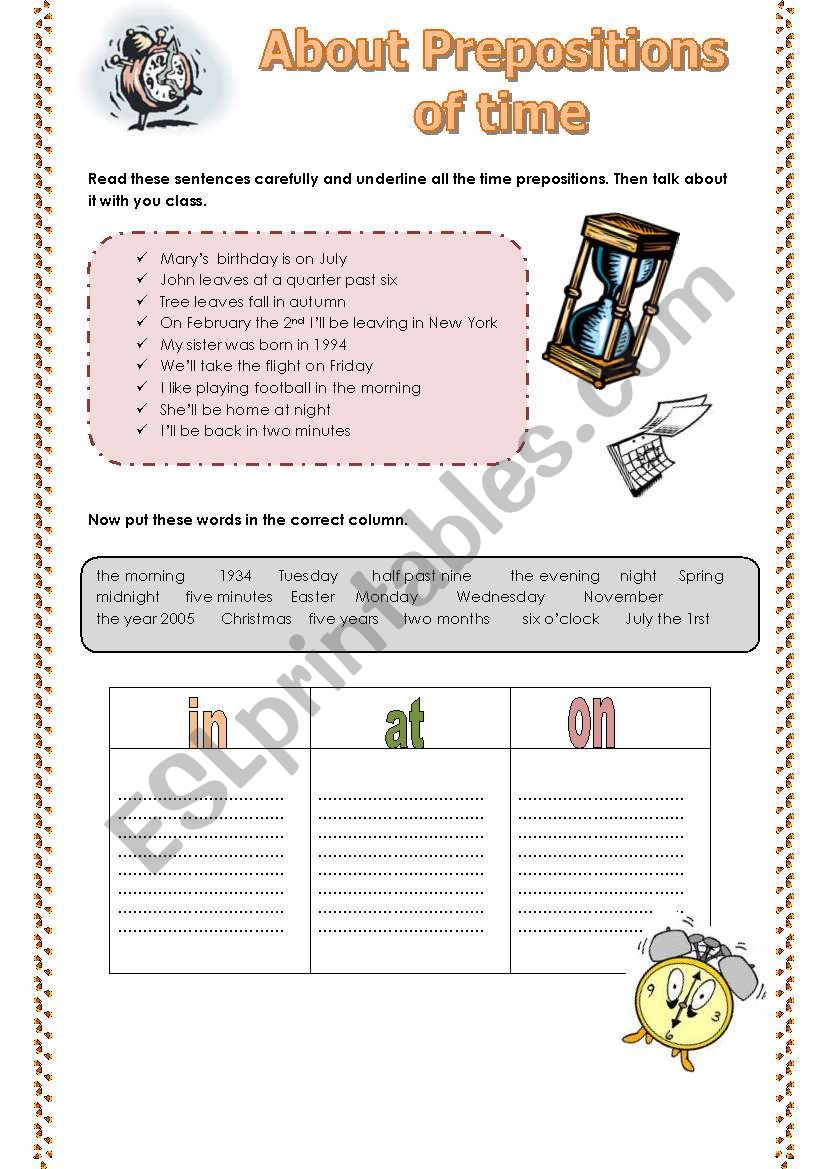 Prepositions of time practise (in at on)