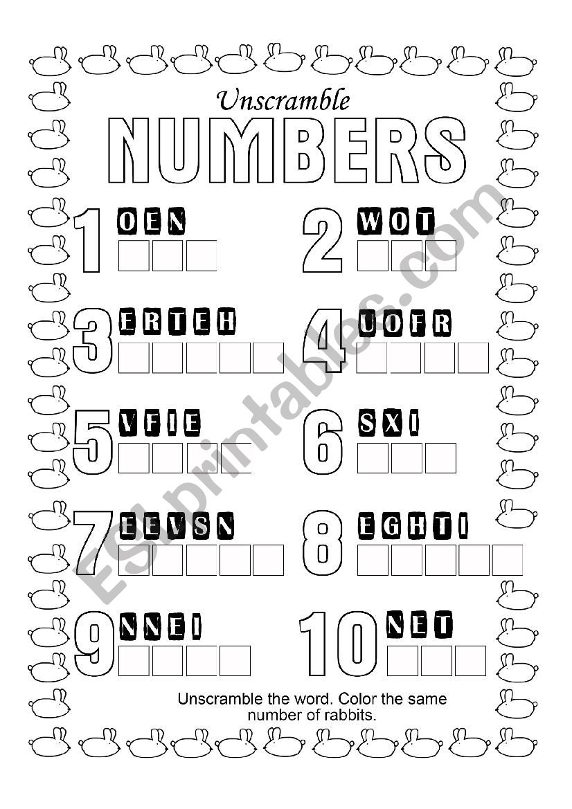 Unscramble Numbers 1-10 worksheet