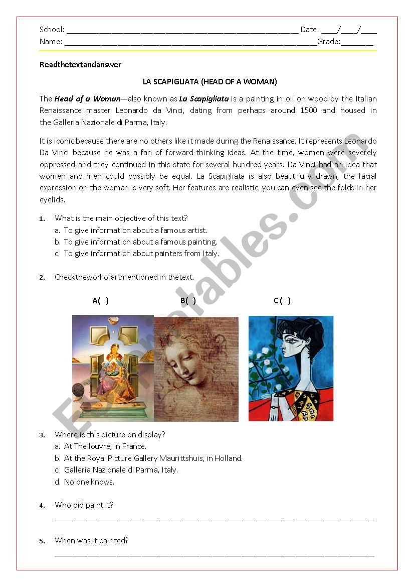 Works of Art/Artistis worksheet