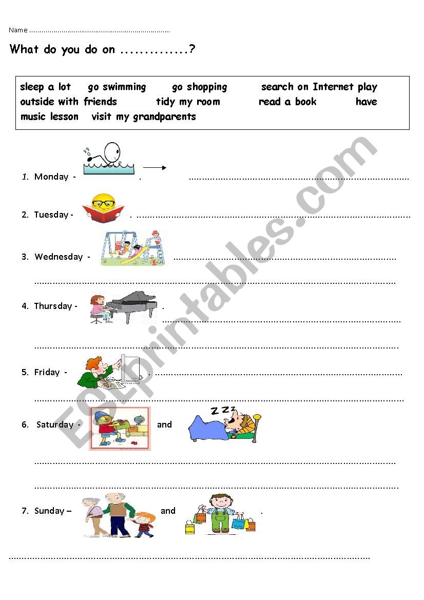days of the week and actions worksheet
