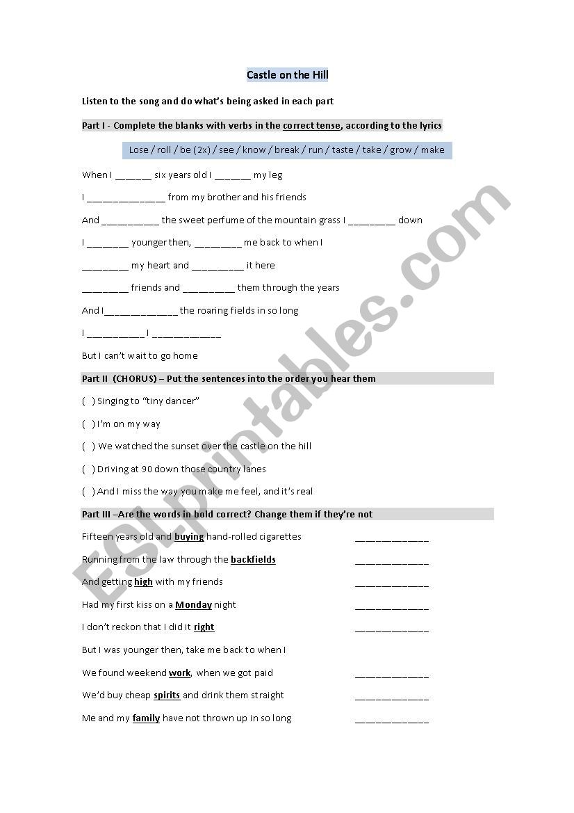 song worksheet