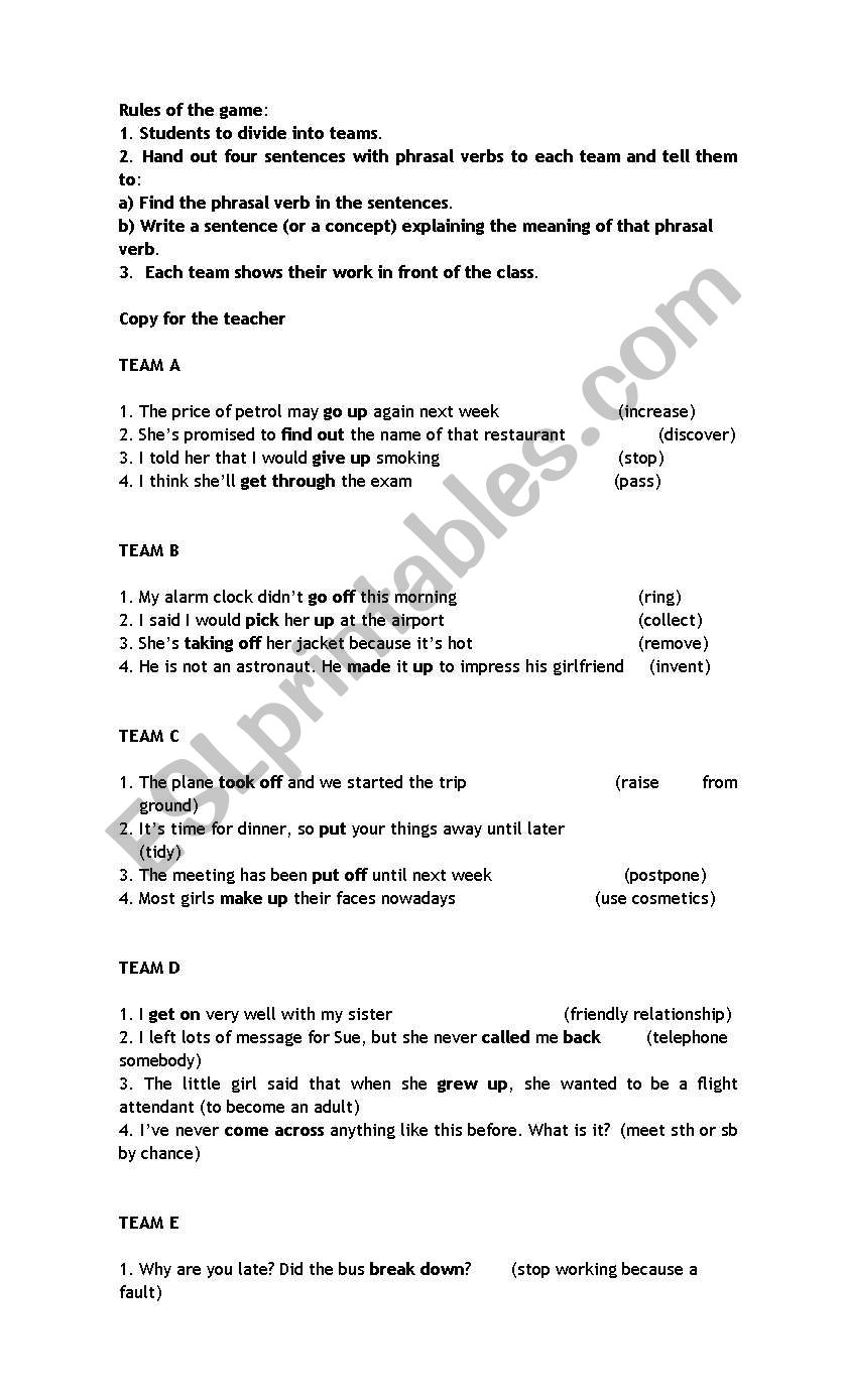 Phrasal Verb Game worksheet