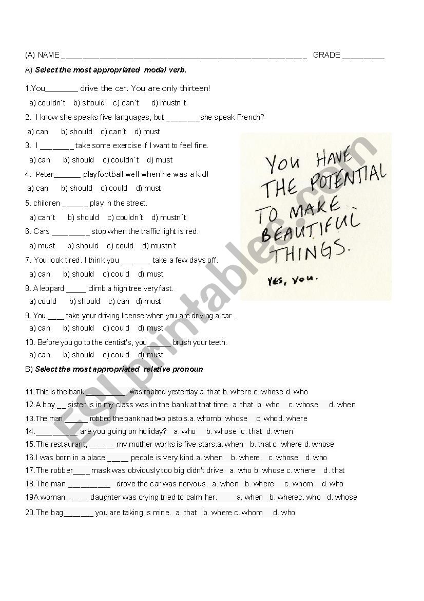 multiple choise test worksheet