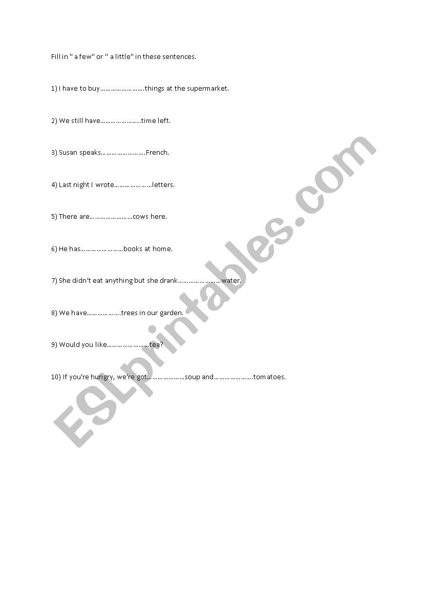 a few / a litte worksheet