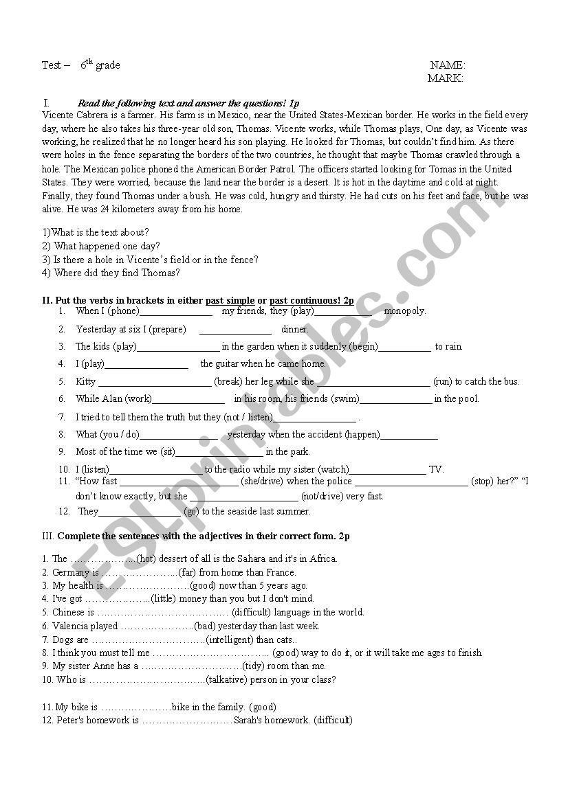 Test- 6th graders worksheet