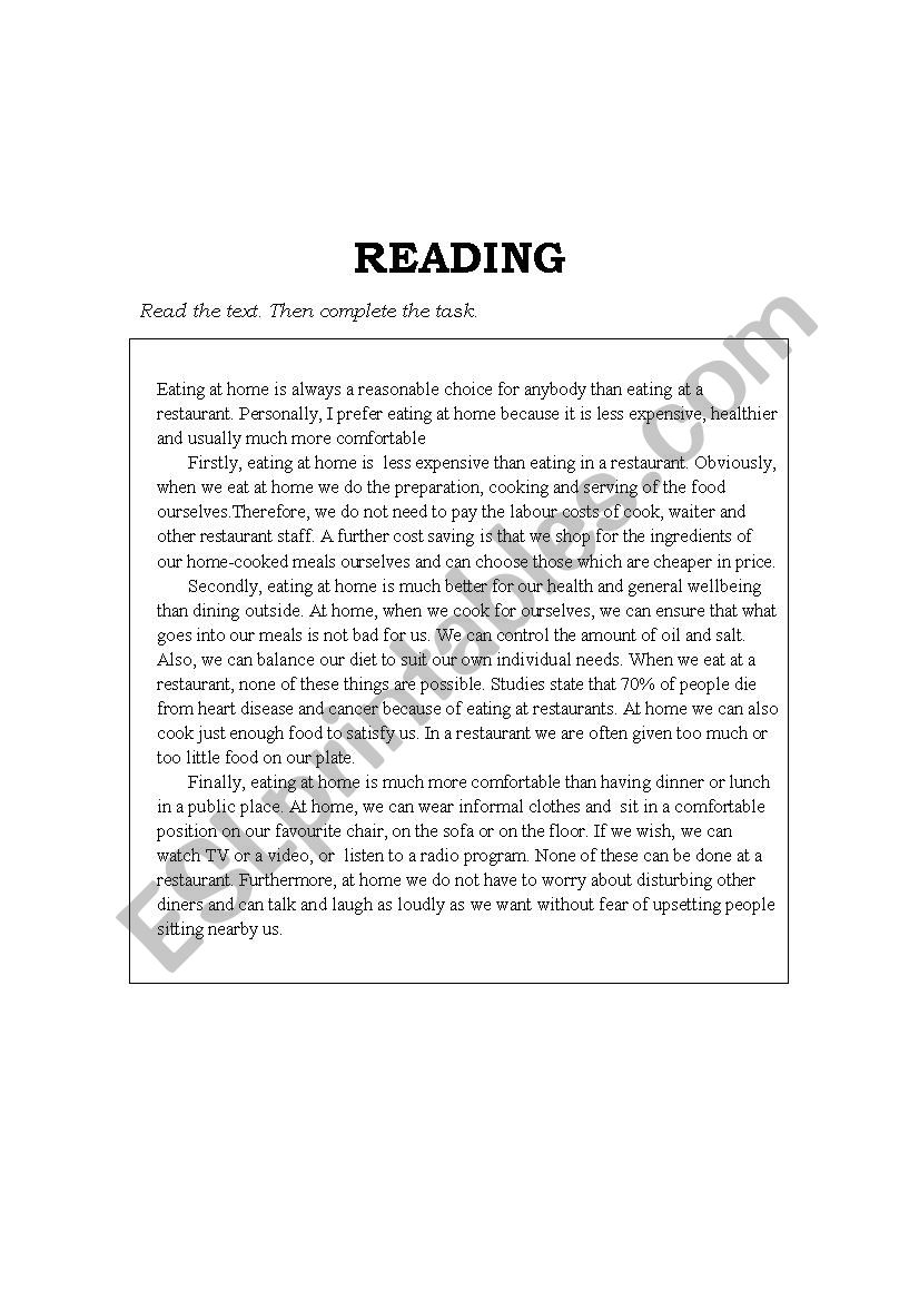 Reading text worksheet