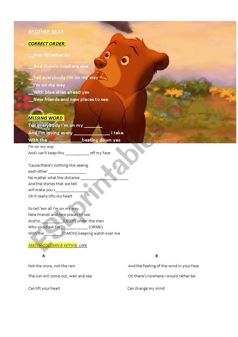 ON MY WAY BROTHER BEAR worksheet