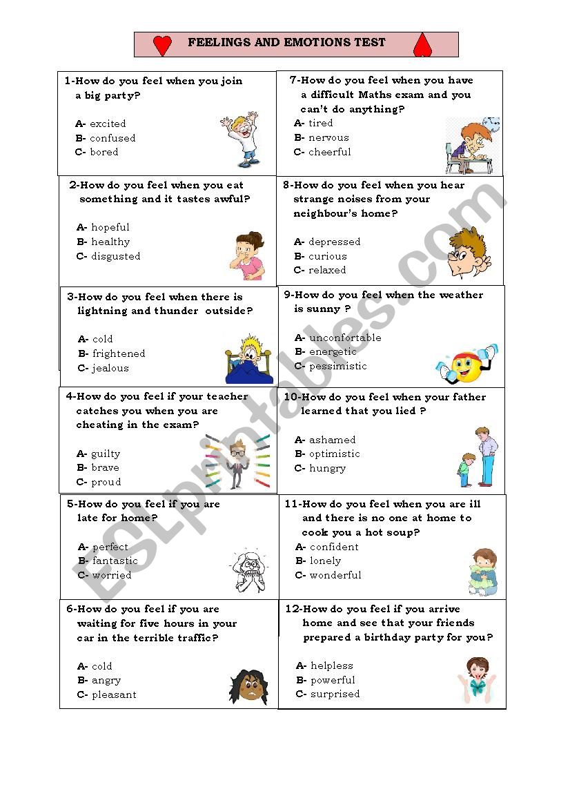 Feelings & Emotions Test worksheet