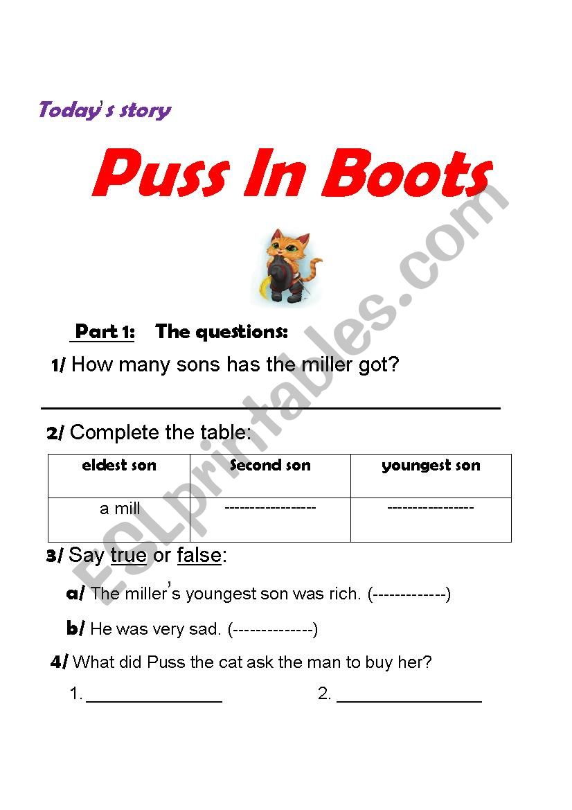 Puss in boots/ questions worksheet