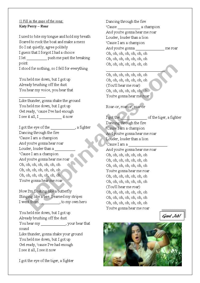 Song Roar Katy Perry - vocabulary practice - ESL worksheet by caiomachado