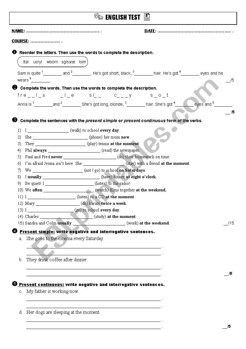 3rd course exam worksheet