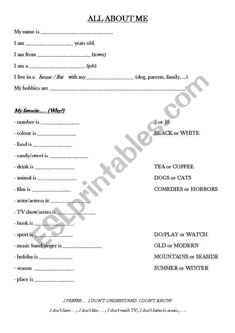All About Me Elementary ESL Worksheet By Nenulka21