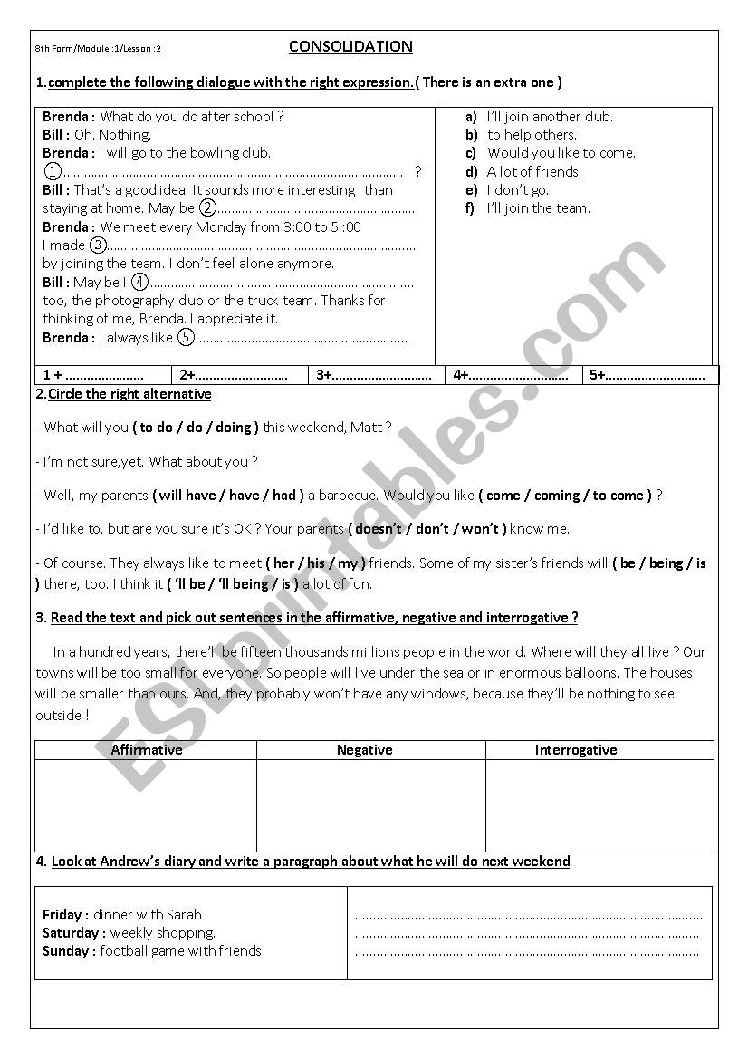 8th Form Module 1 lesson 2 worksheet