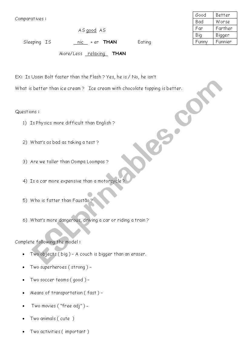 Comparatives Worksheet worksheet