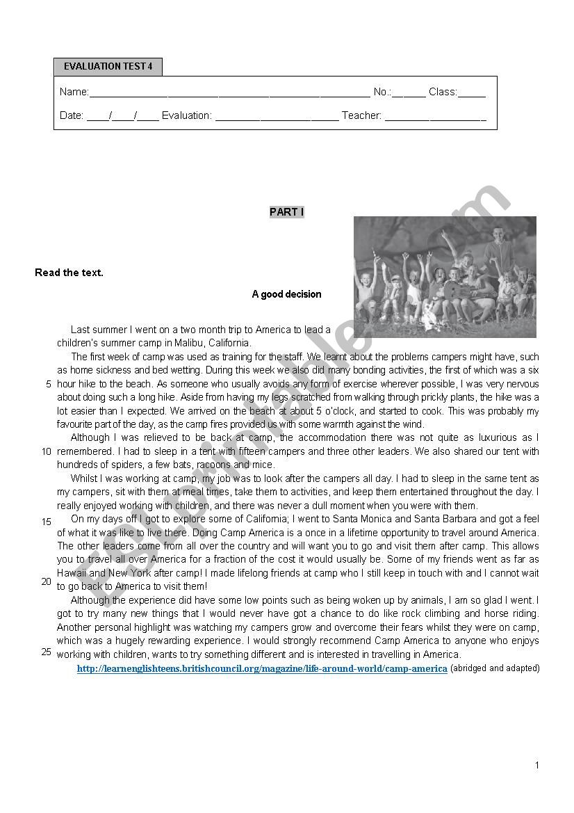 camping holidays worksheet