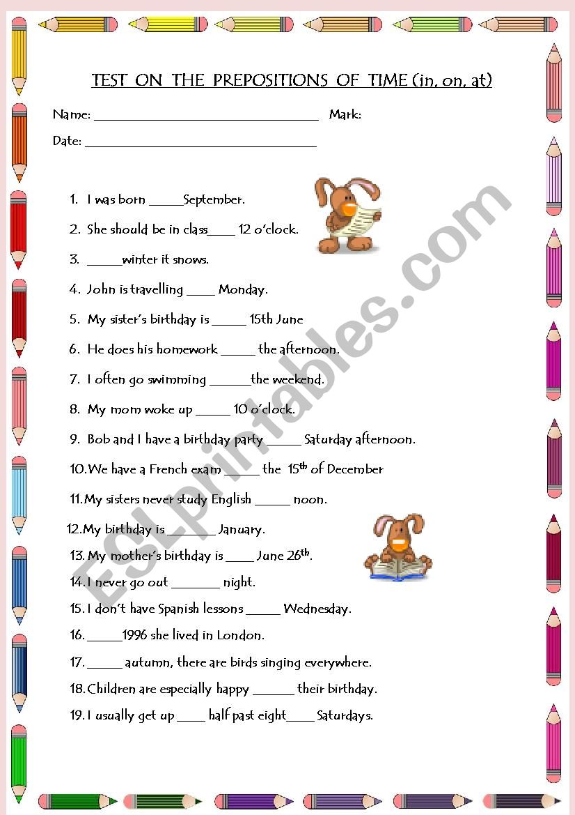 test: prepositions of time worksheet