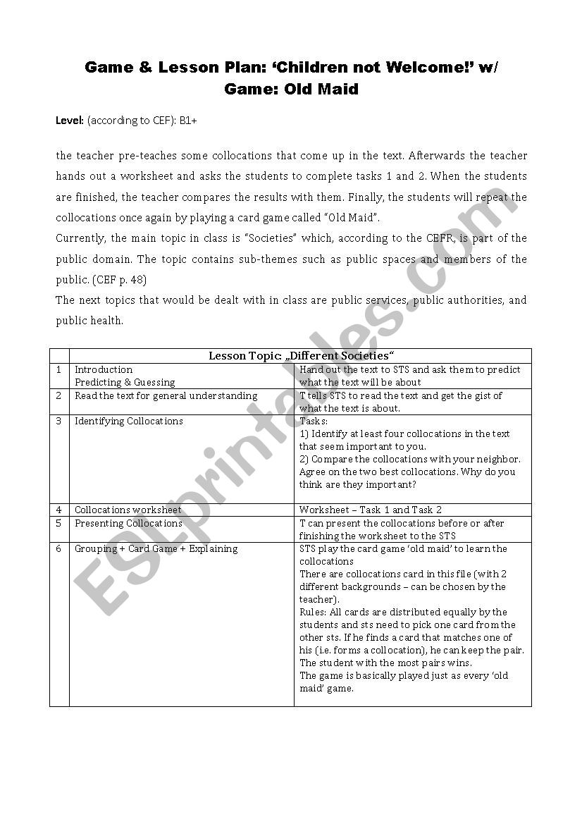 Children not Welcome - Collocations Lesson Plan with card game 