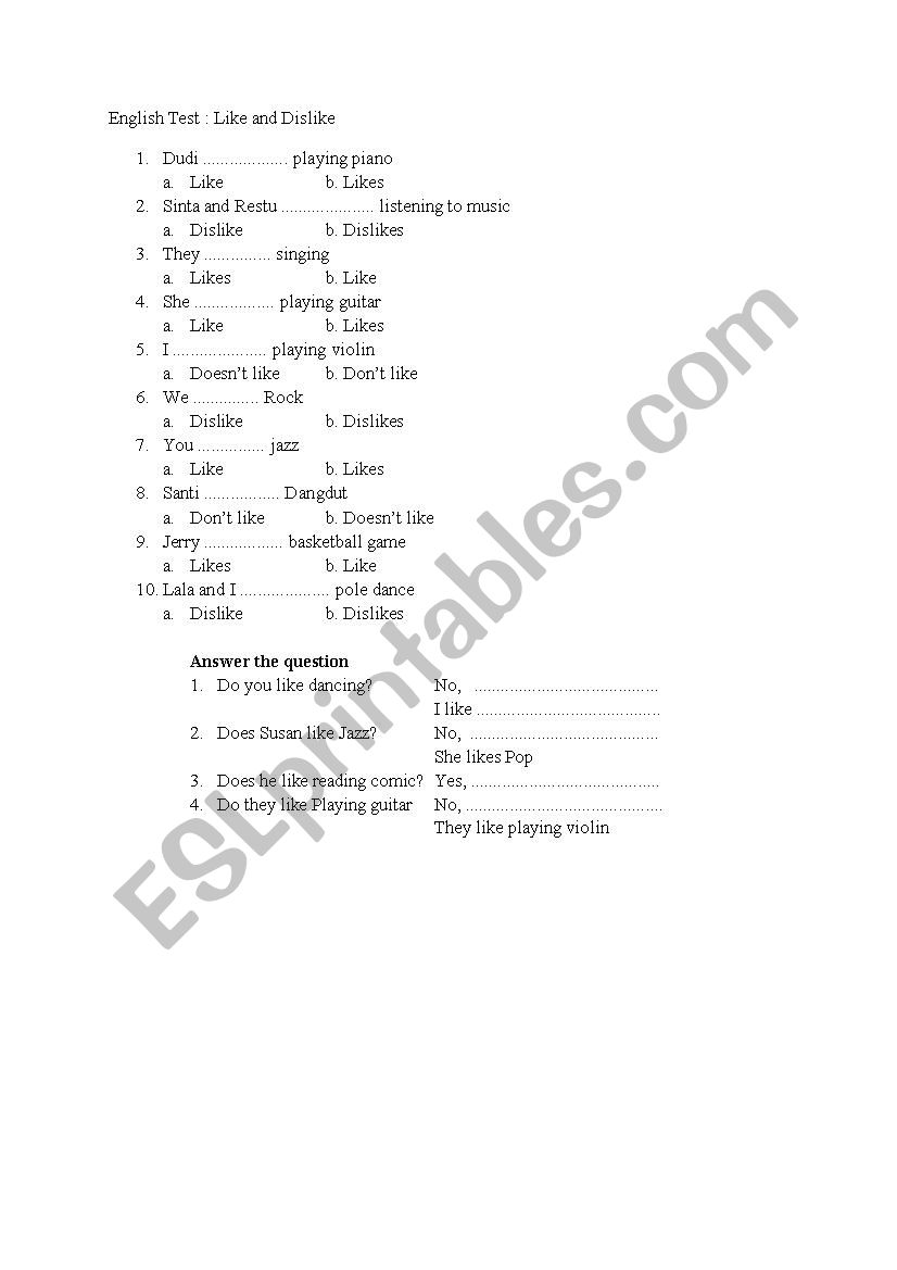 like and dislike  worksheet