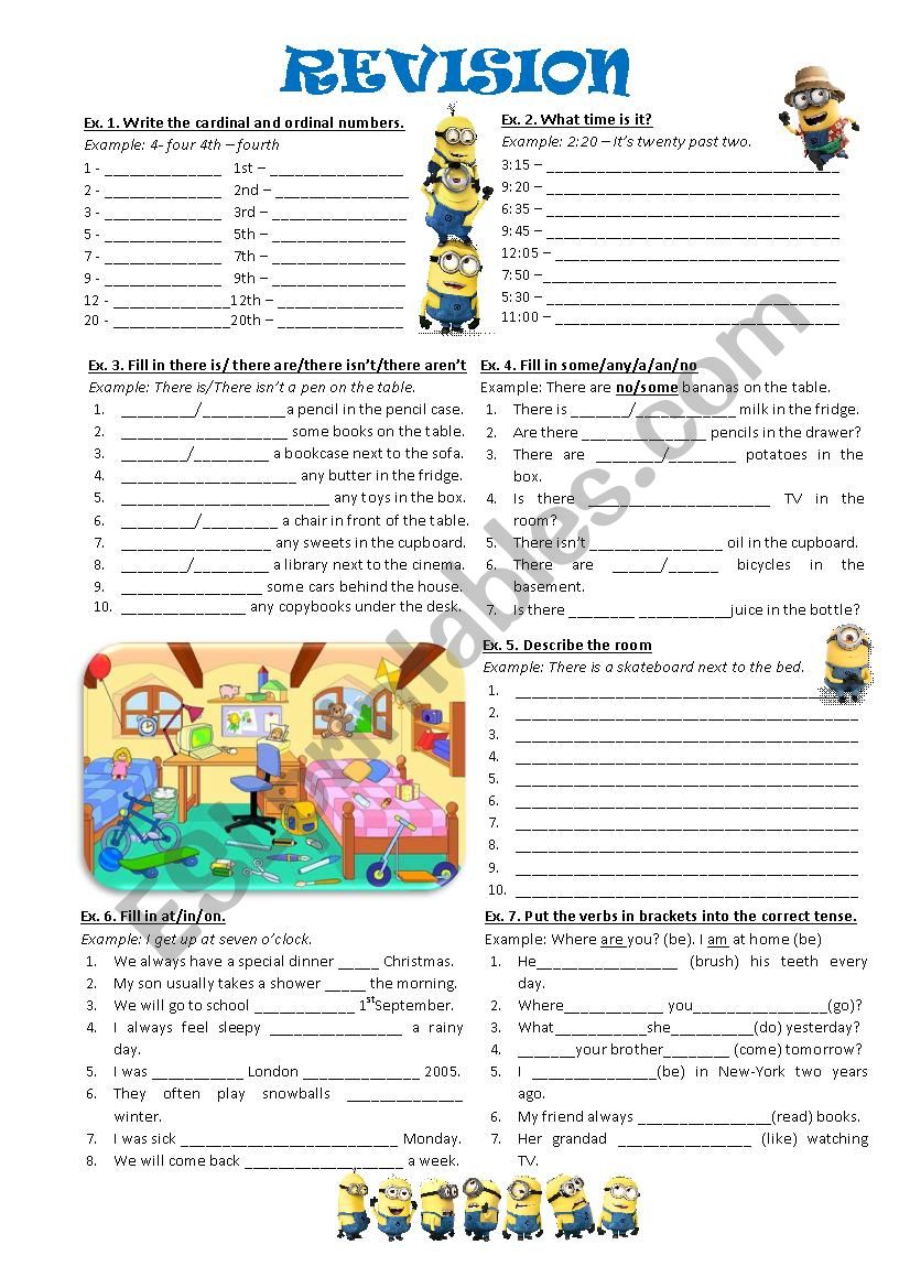 Revison (numbers, time, there is / there are, quantifiers: some/any/no/ prepositions of time, tenses )