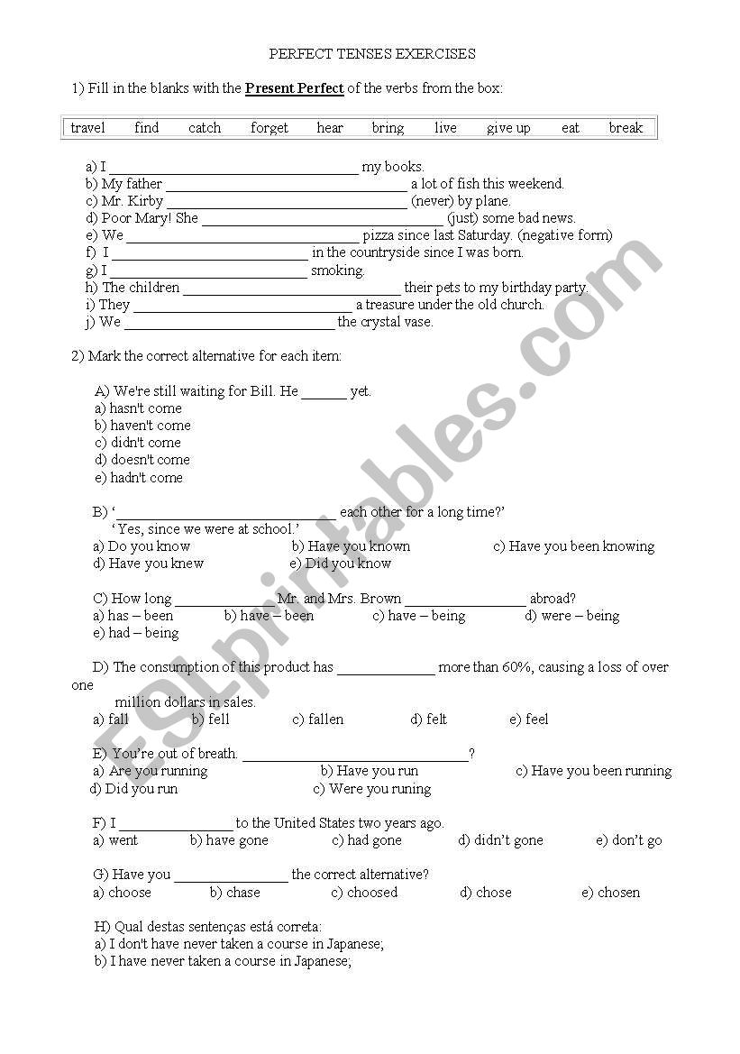 PERFECT TENSES EXERCISES worksheet