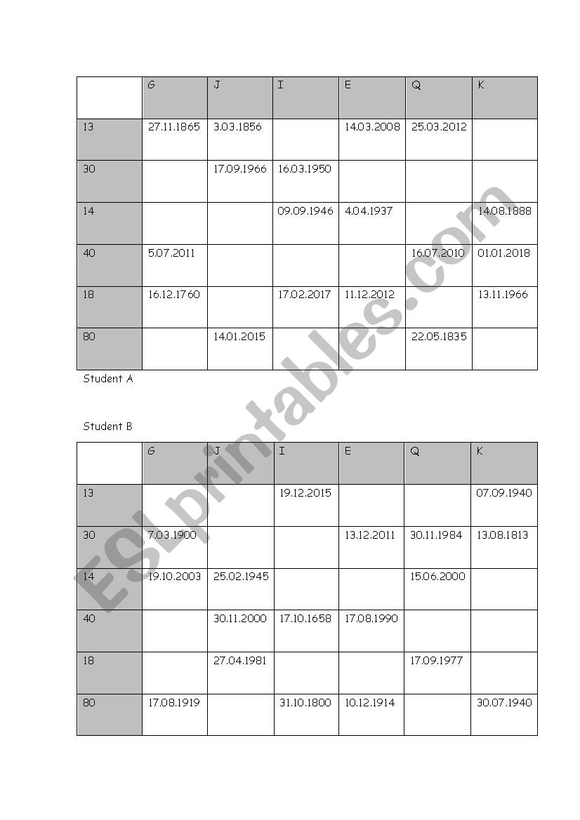 Dates Speaking Pairwork worksheet