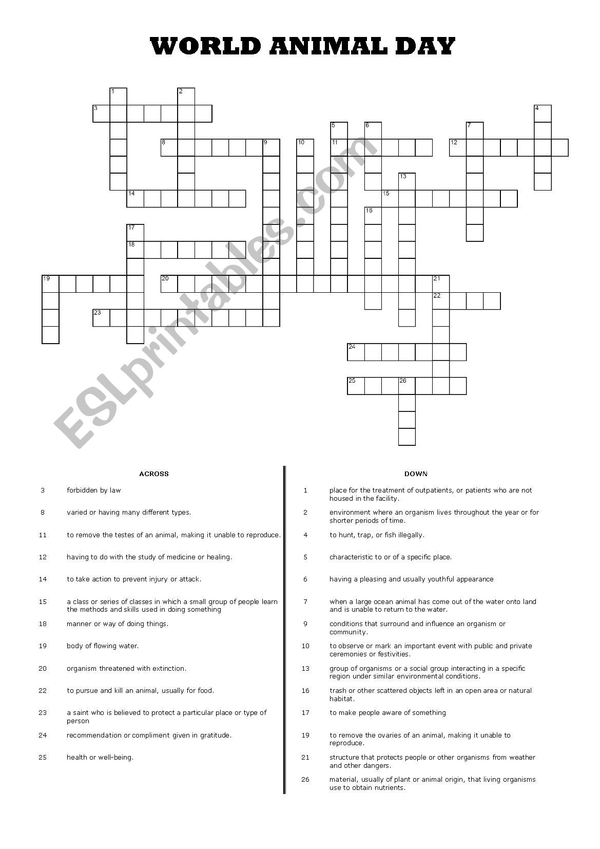 WORLD ANIMAL DAY Crossword Puzzle