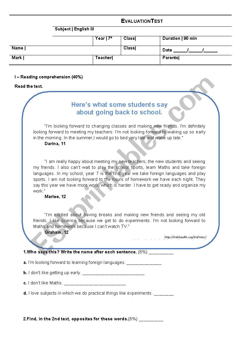 Back to School worksheet