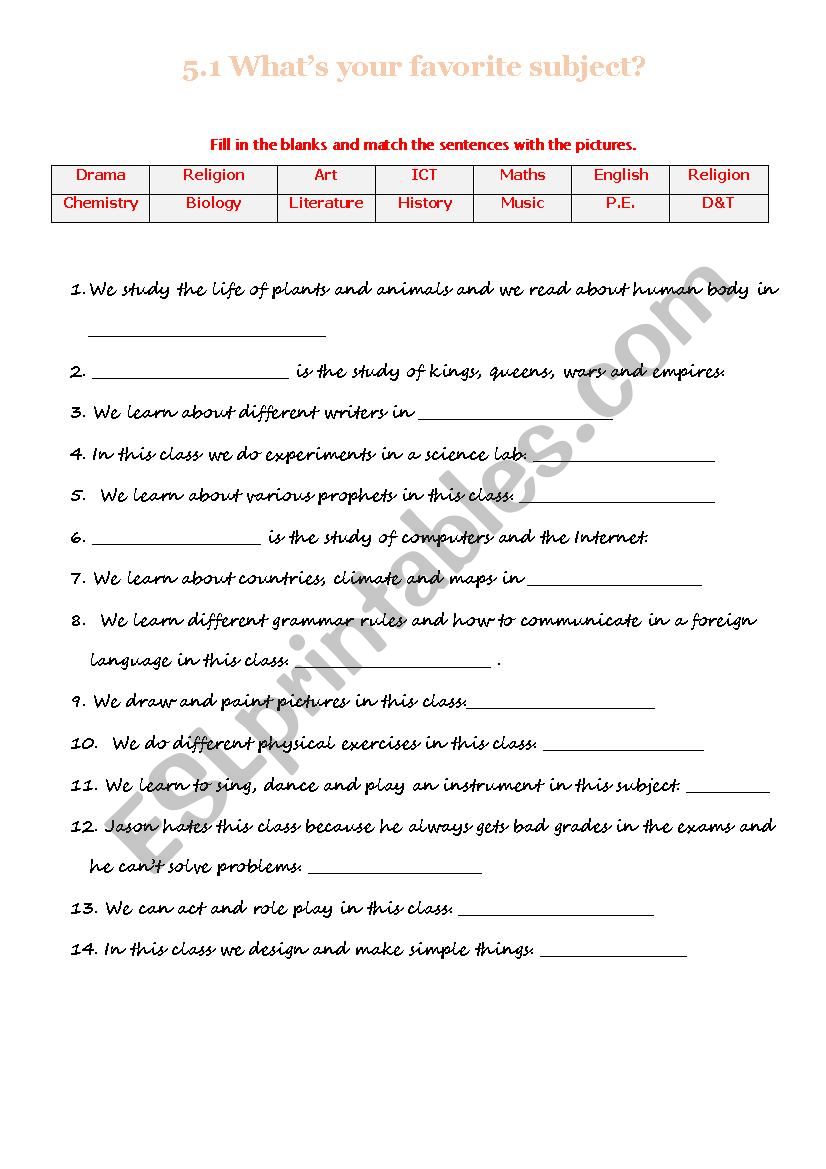 Whats your favorite subject? worksheet