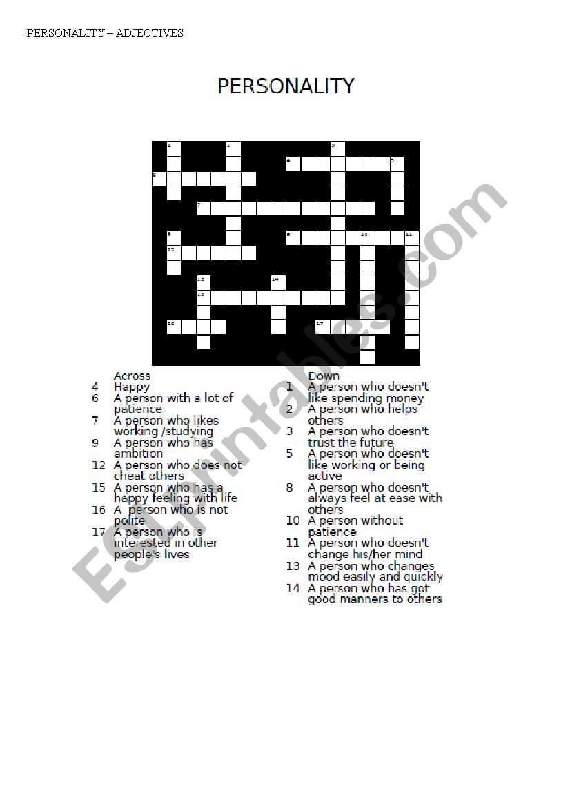 PERSONALITY - CROSSWORDS + KEY