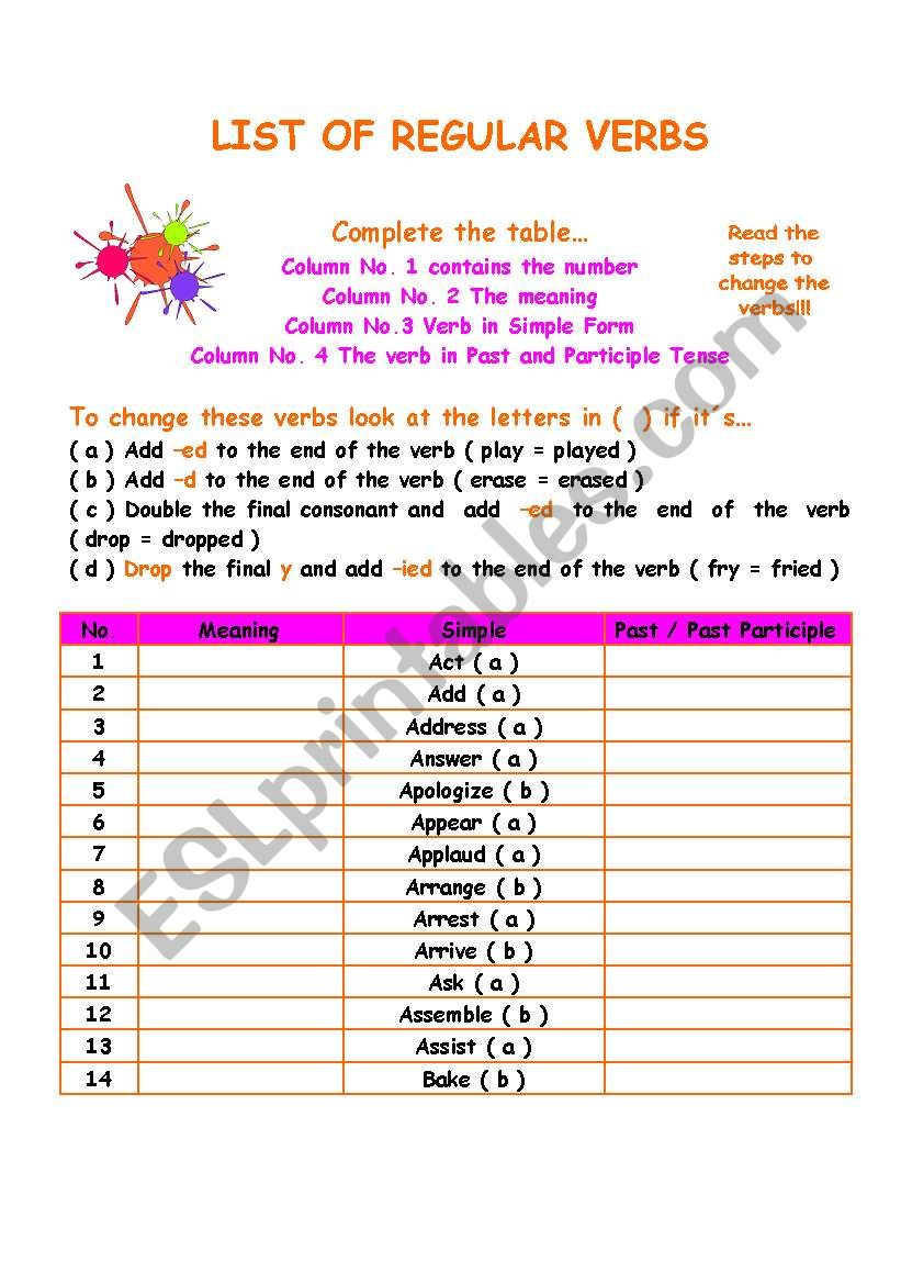 239  REGULAR VERBS ( 9 PAGES) TO CHANGE (PAST)