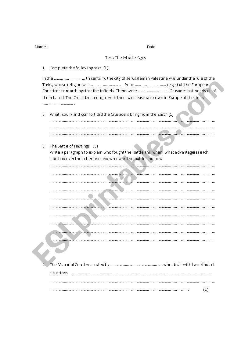 The Middle Ages worksheet