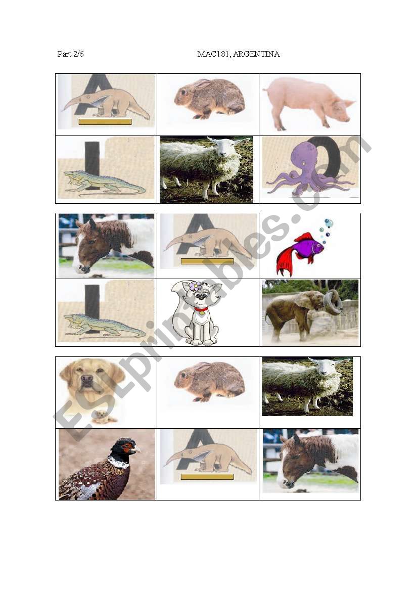 Animal Bingo -18 different cards!!! 02/08/08 card 2/6