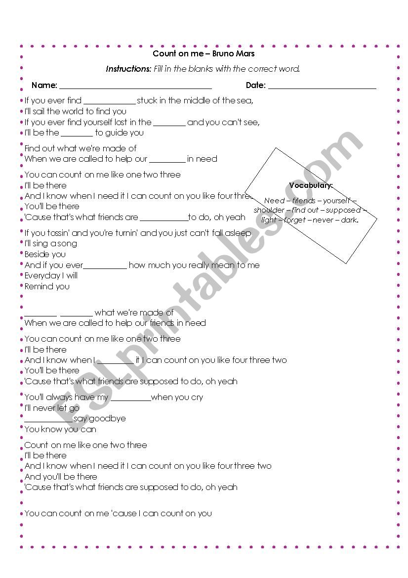 Count on me worksheet