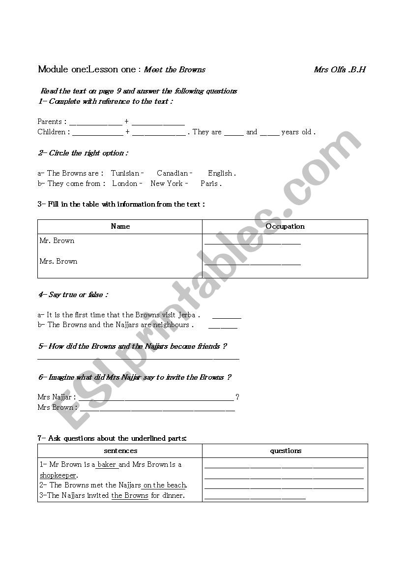 Meet the Browns worksheet