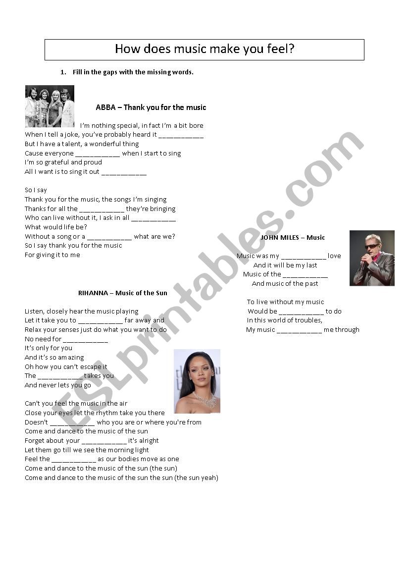 Songs about music worksheet