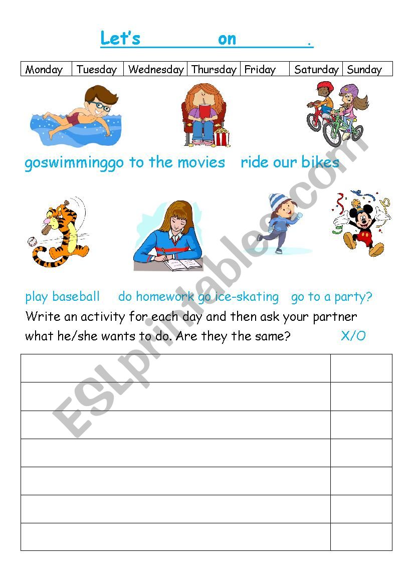 Lets ______ on _____(day). worksheet