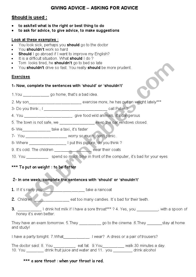 ADVICE-SUGGESTIONS-Exercise worksheet