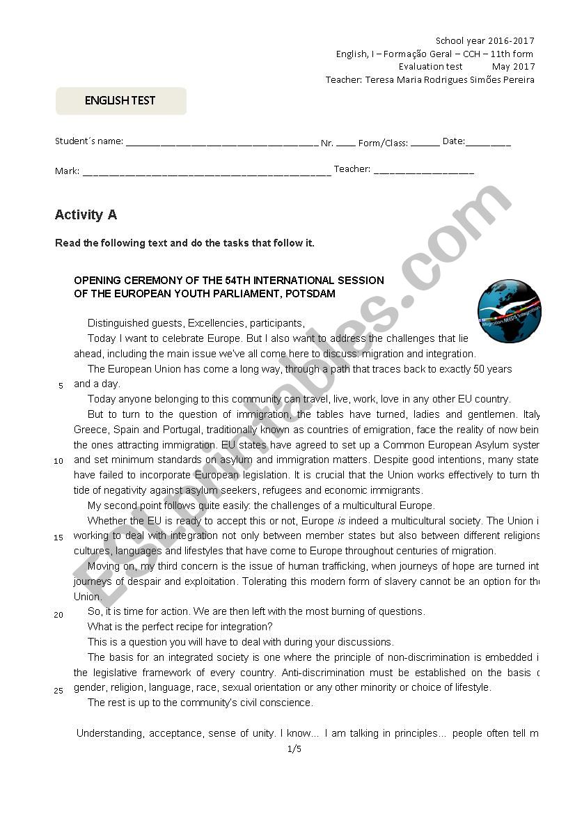 11th form test on Multiculturalism