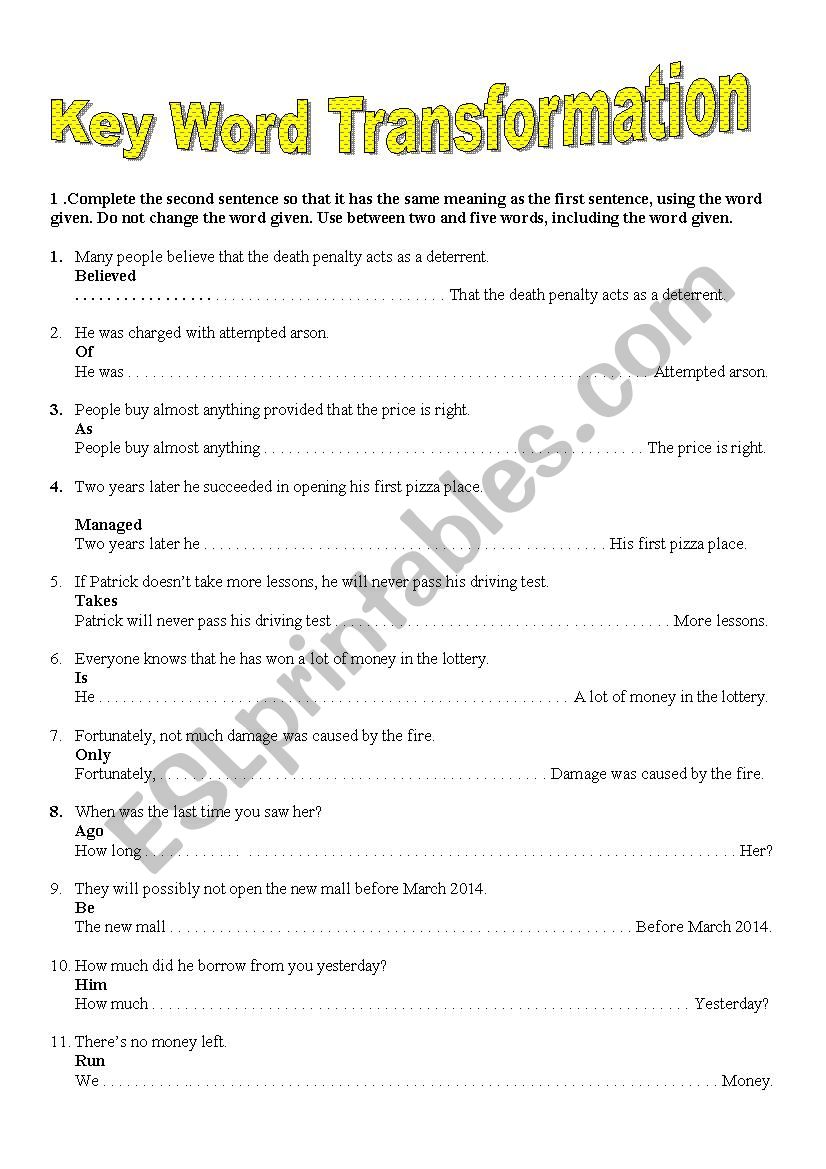 KEY WORD TRANSFORMATION worksheet