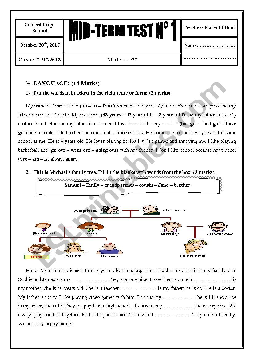 2017 / 2018 7th Form Mid-Term Test 1