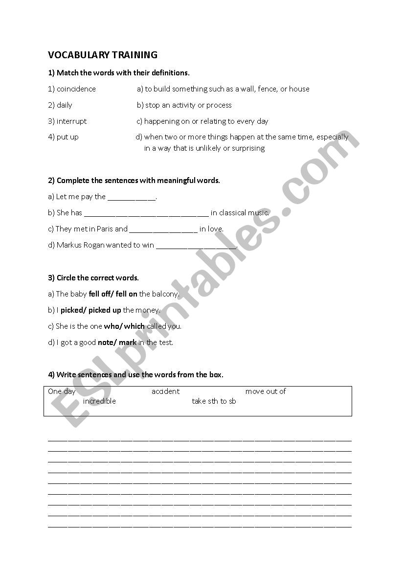 Vocabulary training worksheet