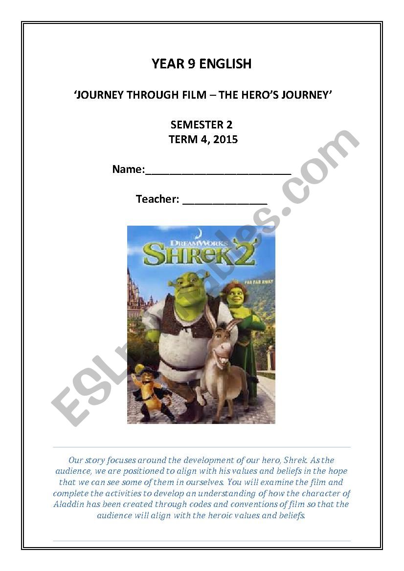 Shrek 2 Heroes Journey Portfolio Booklet - Year 9 foundation level