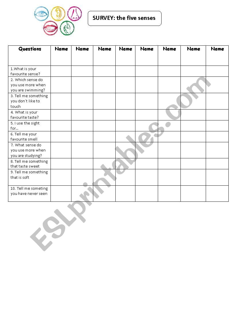 The Five Senses: Survey worksheet