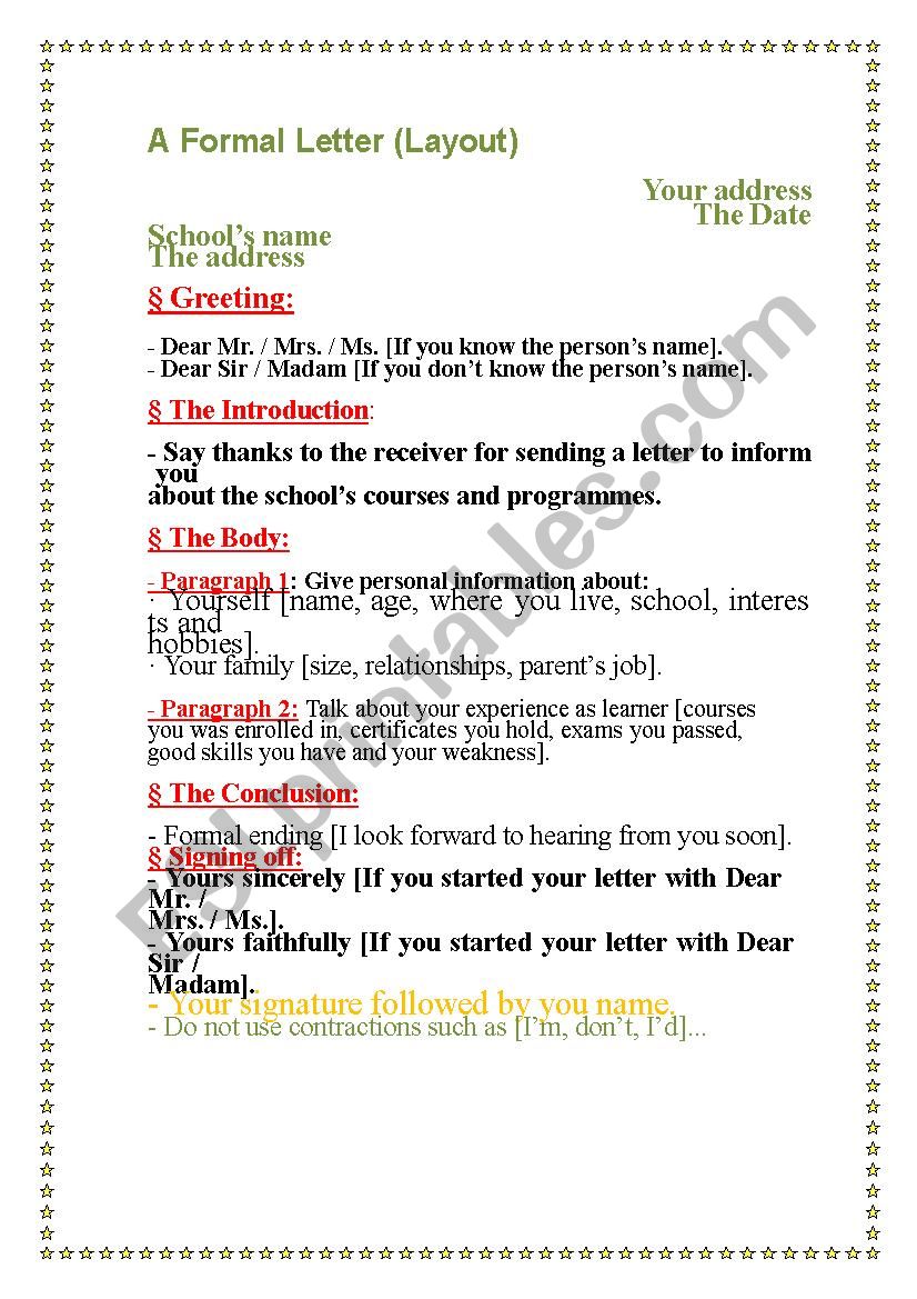 formal letter worksheet