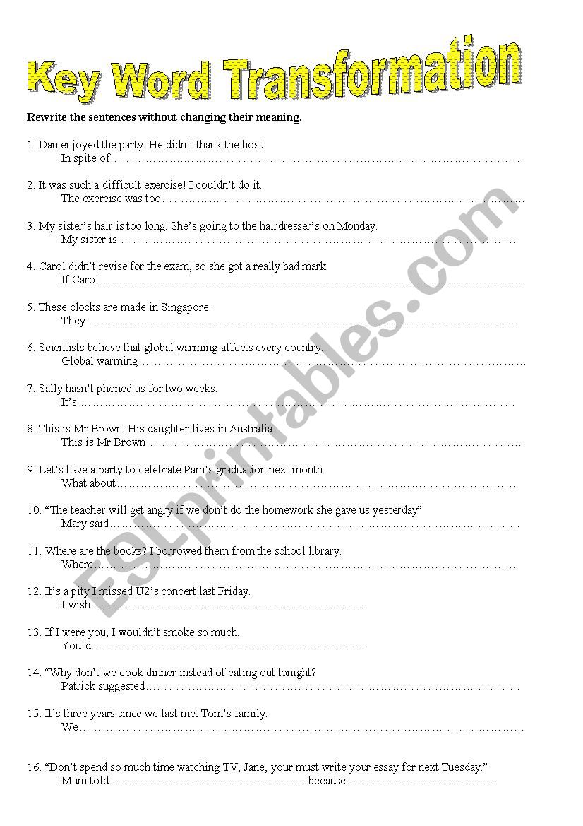 KEY WORD TRANSFORMATION 2 worksheet